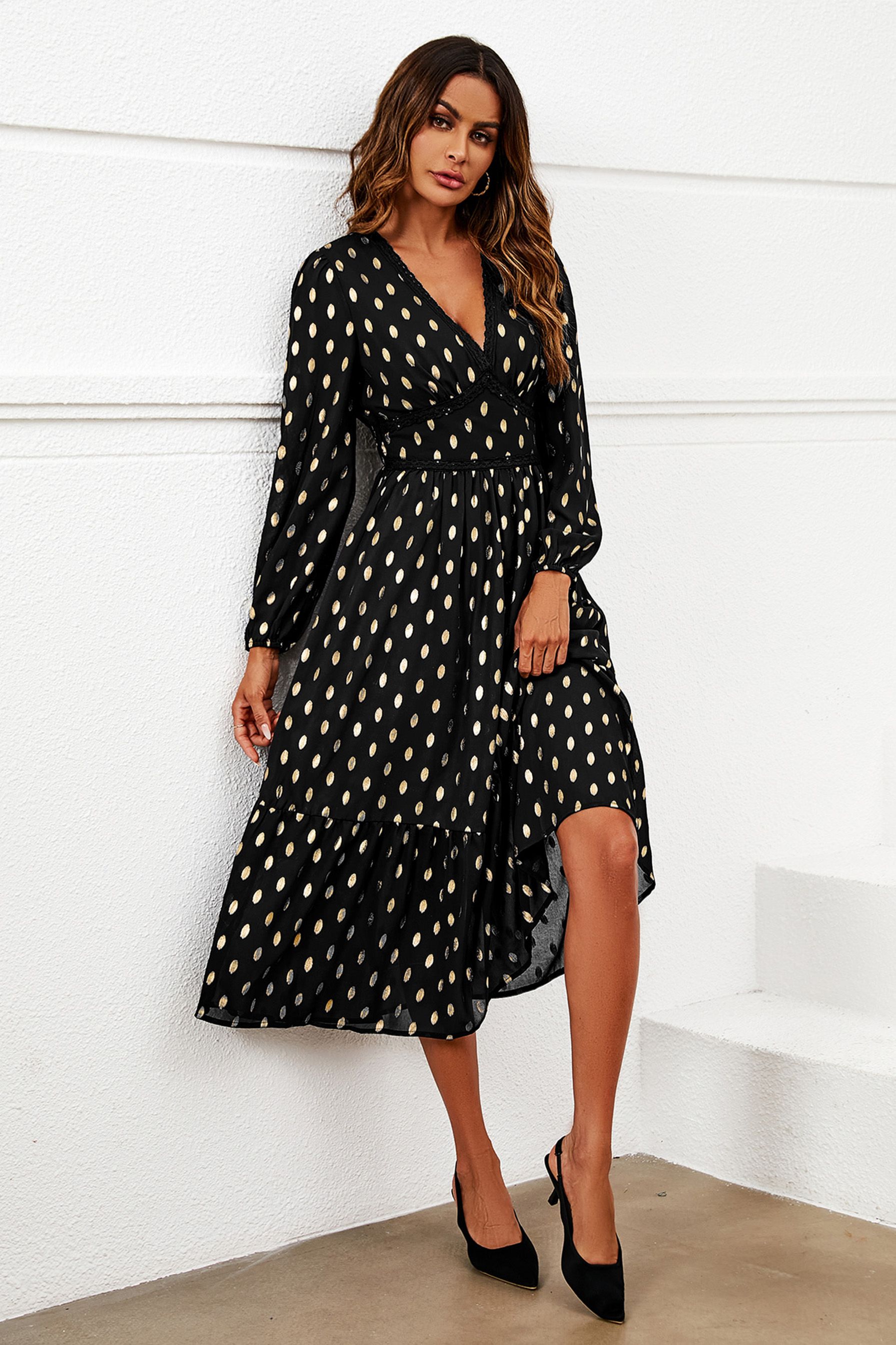 FS Collection Gold Foil Lace Trim Long Sleeve Midi Dress