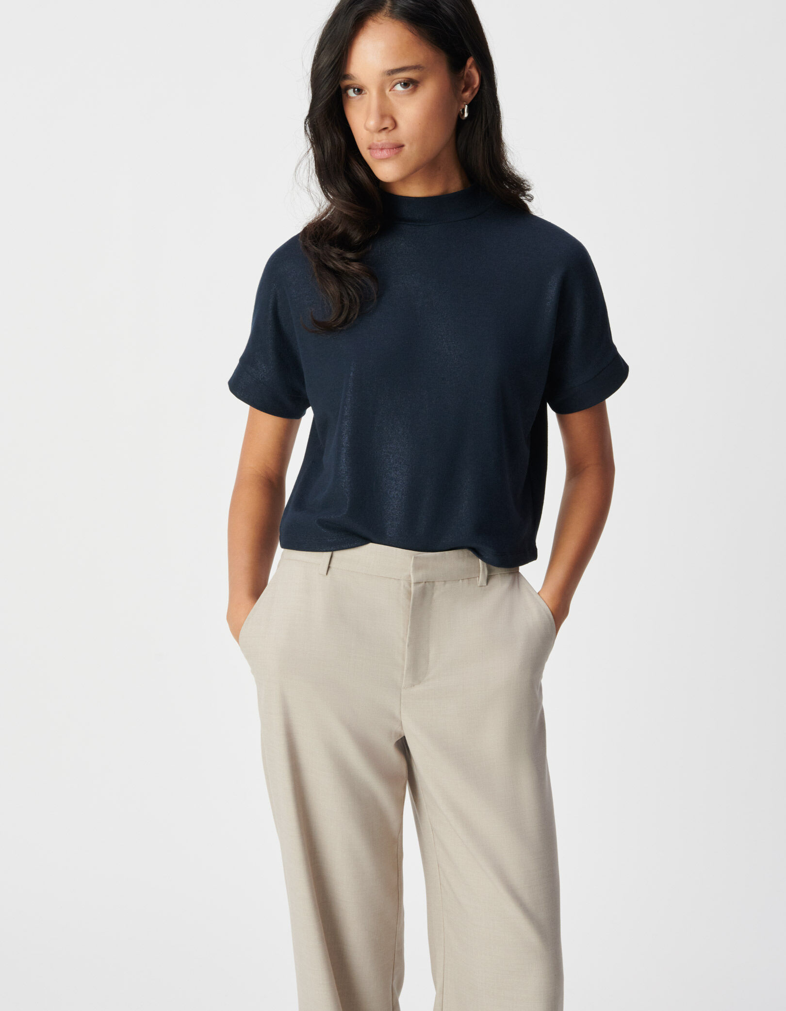Tee-shirt manches courtes marine pailleté Femme