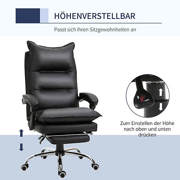 Fauteuil de Bureau Ergonomique Inclinable avec Repose-Pieds - PU Confortable, Réglable, Noir, 66x72x130 cm