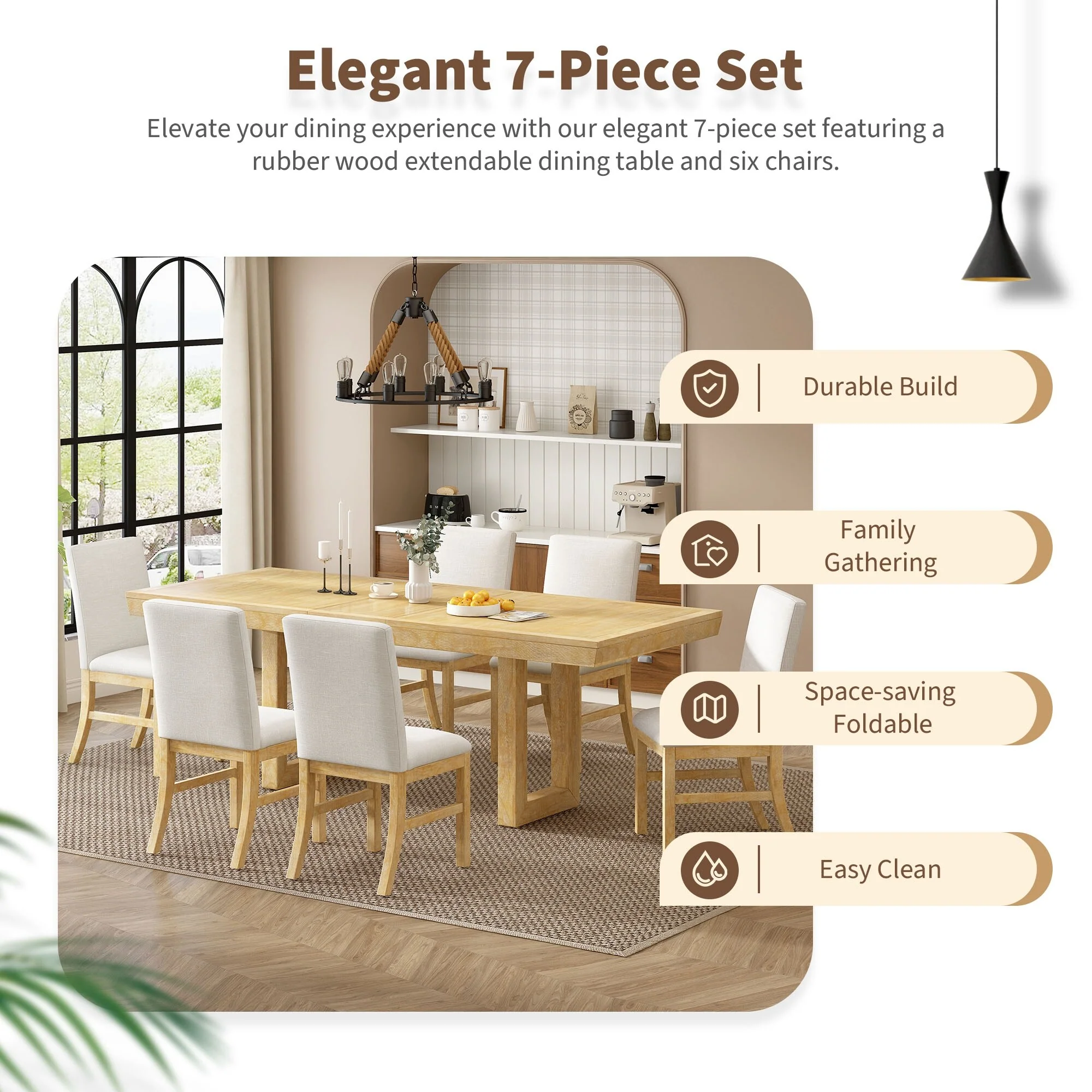 Roomfitters Traditional 7-Piece 72 Extendable Dining Set with 12 Butterfly Leaf and Upholstered Chairs, Natural