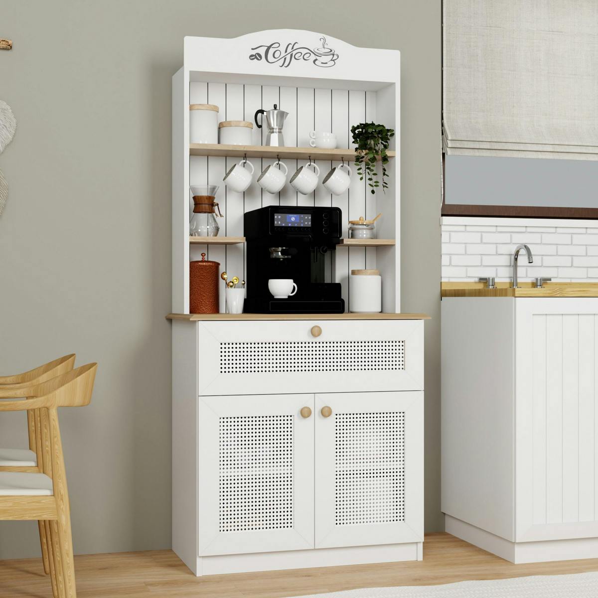 Vaisselier de cuisine blanc, cannage & niche café VAREN