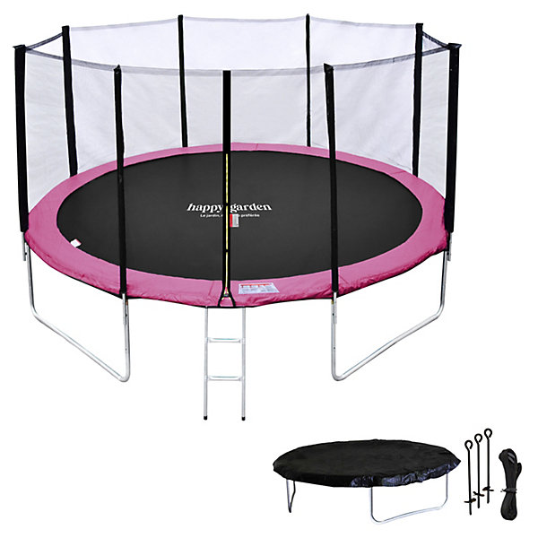 Pack Premium Trampoline 430cm réversible gris / rose MELBOURNE   filet, échelle, bâche et kit d'ancrage - HAPPY GARDEN