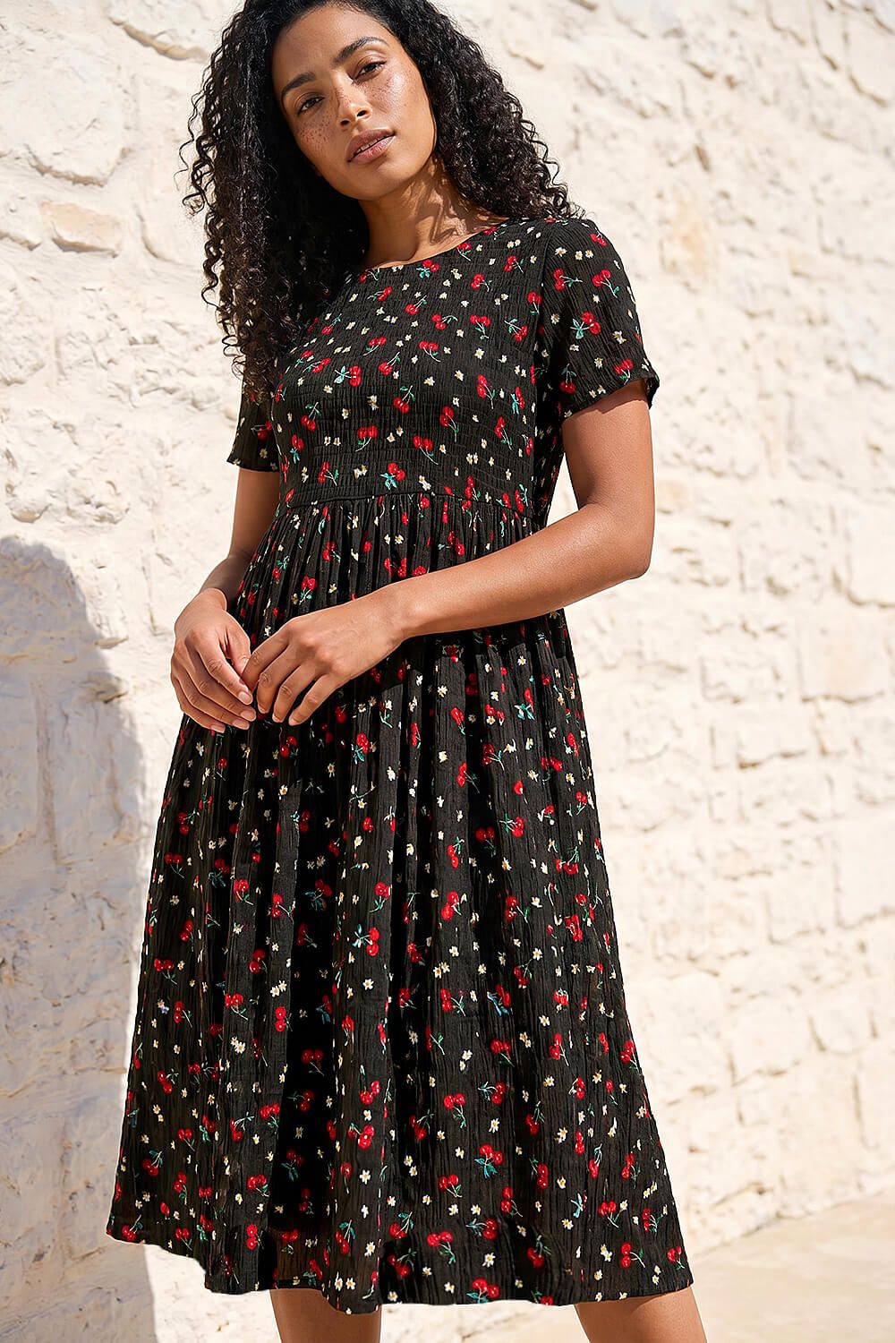 Roman Cherry Print Midi Smock Dress