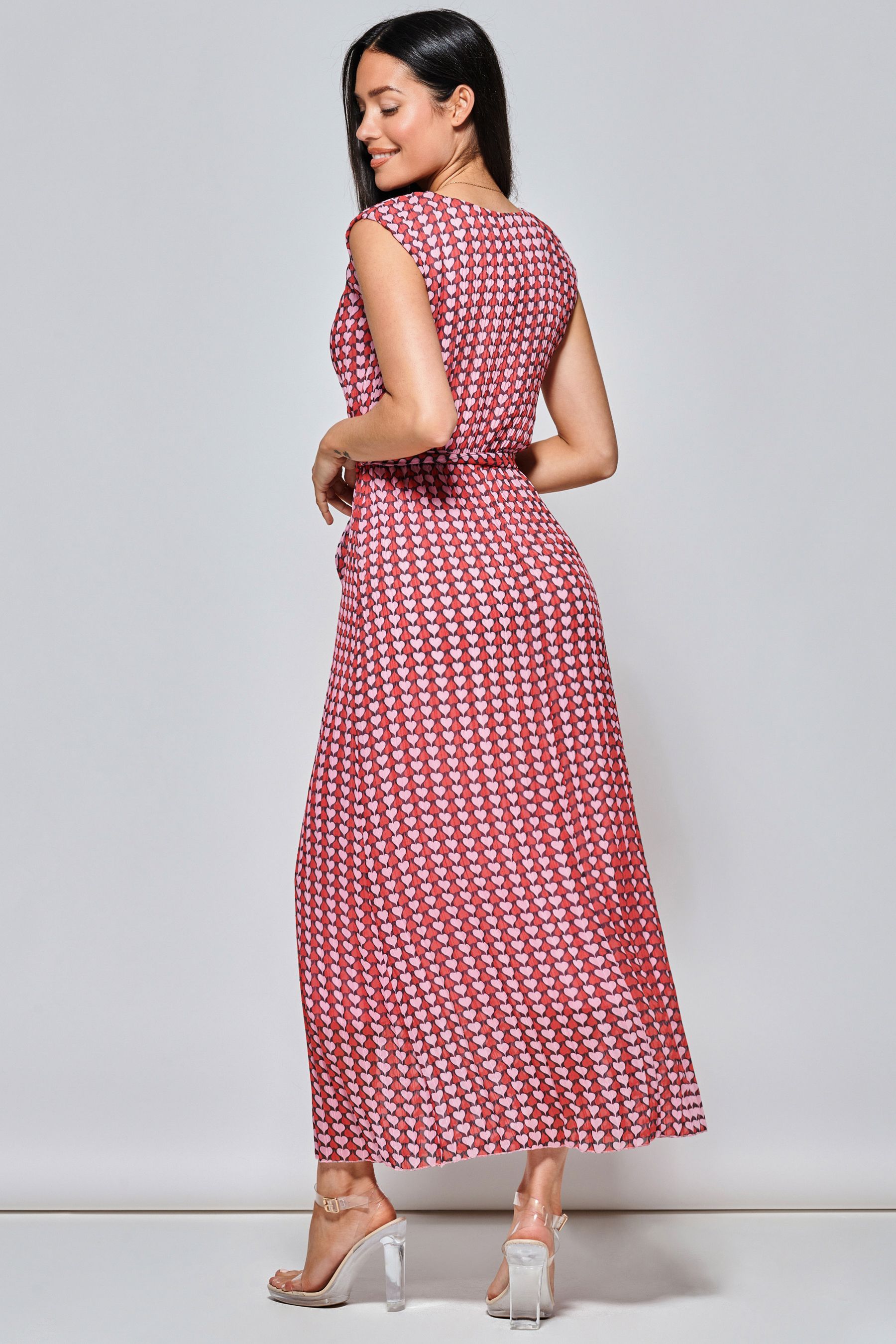 Jolie Moi Heart Print Pleated Chiffon Maxi Dress