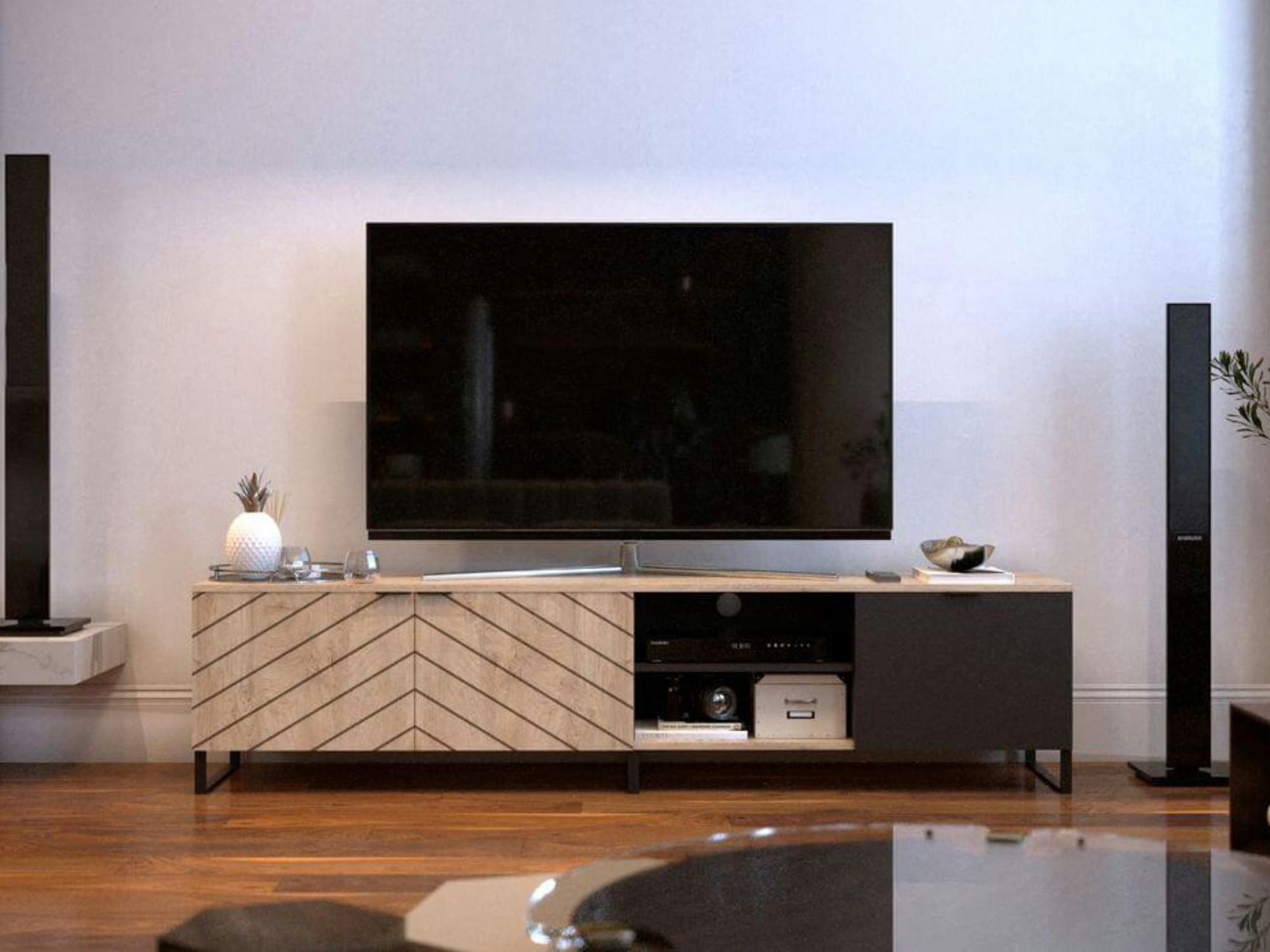AUXANE - Meuble TV style contemporain 200 cm noir / bois