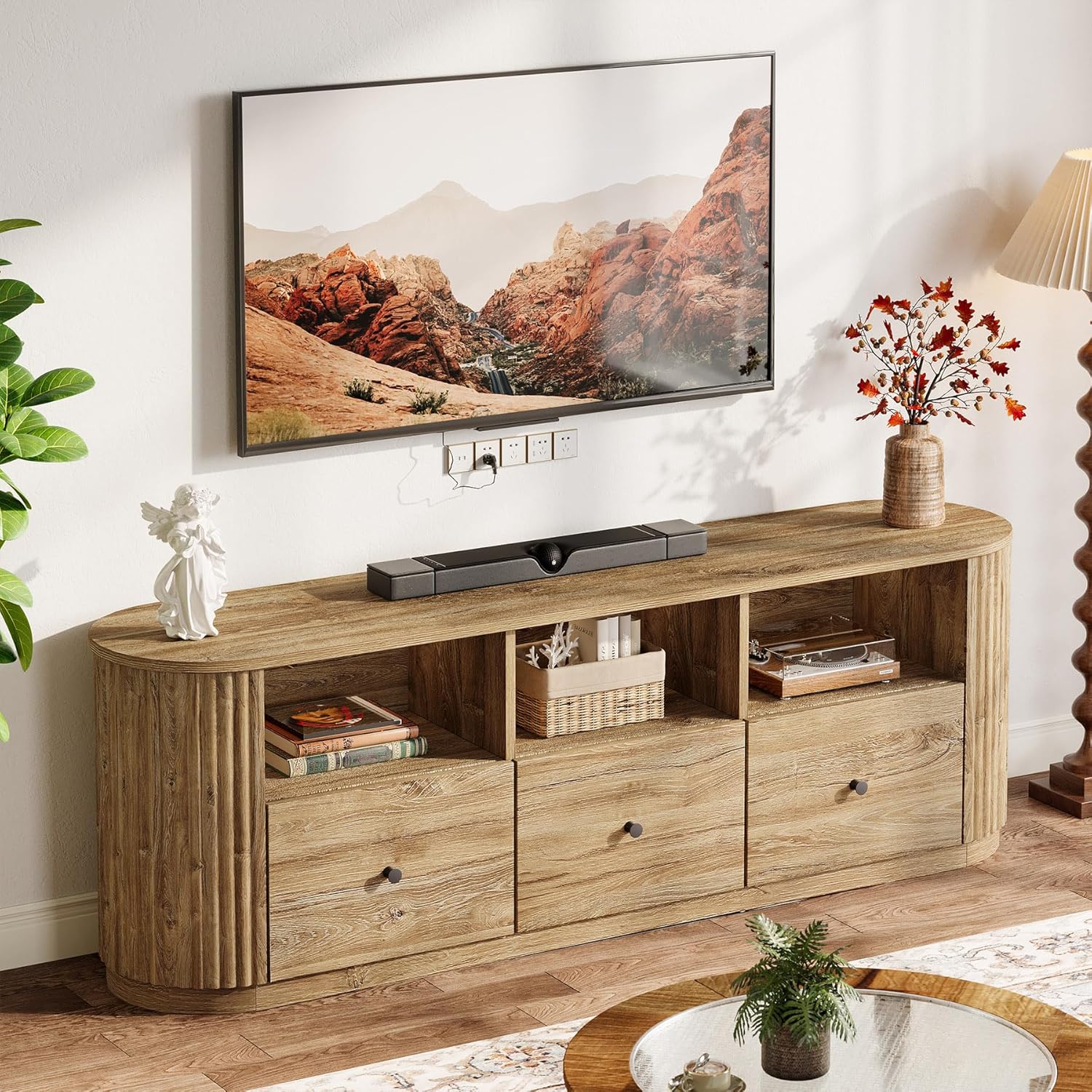 Tribesigns 70.87 TV Stand for TVs up to 80, Modern Curved Media Console with 3 Drawers and Open Storage, Fluted Entertainment Center for Living Room, Brown