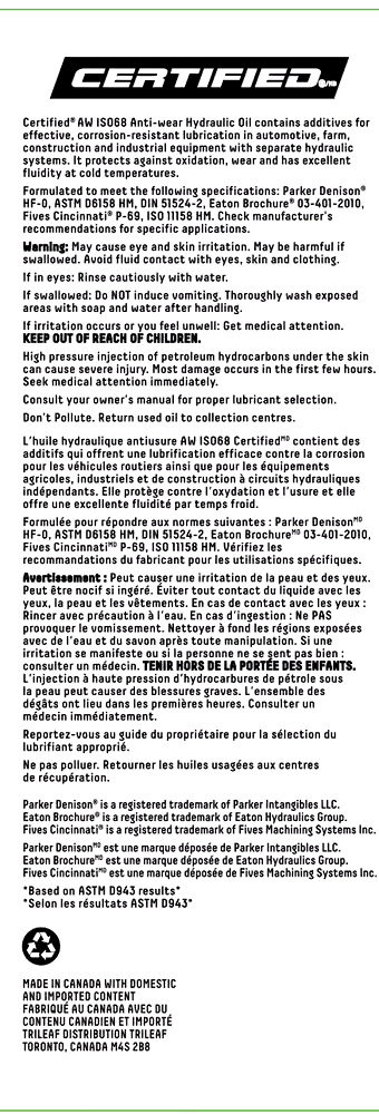 Certified AW68 Anti-Wear Hydraulic Oil, 18.9-L