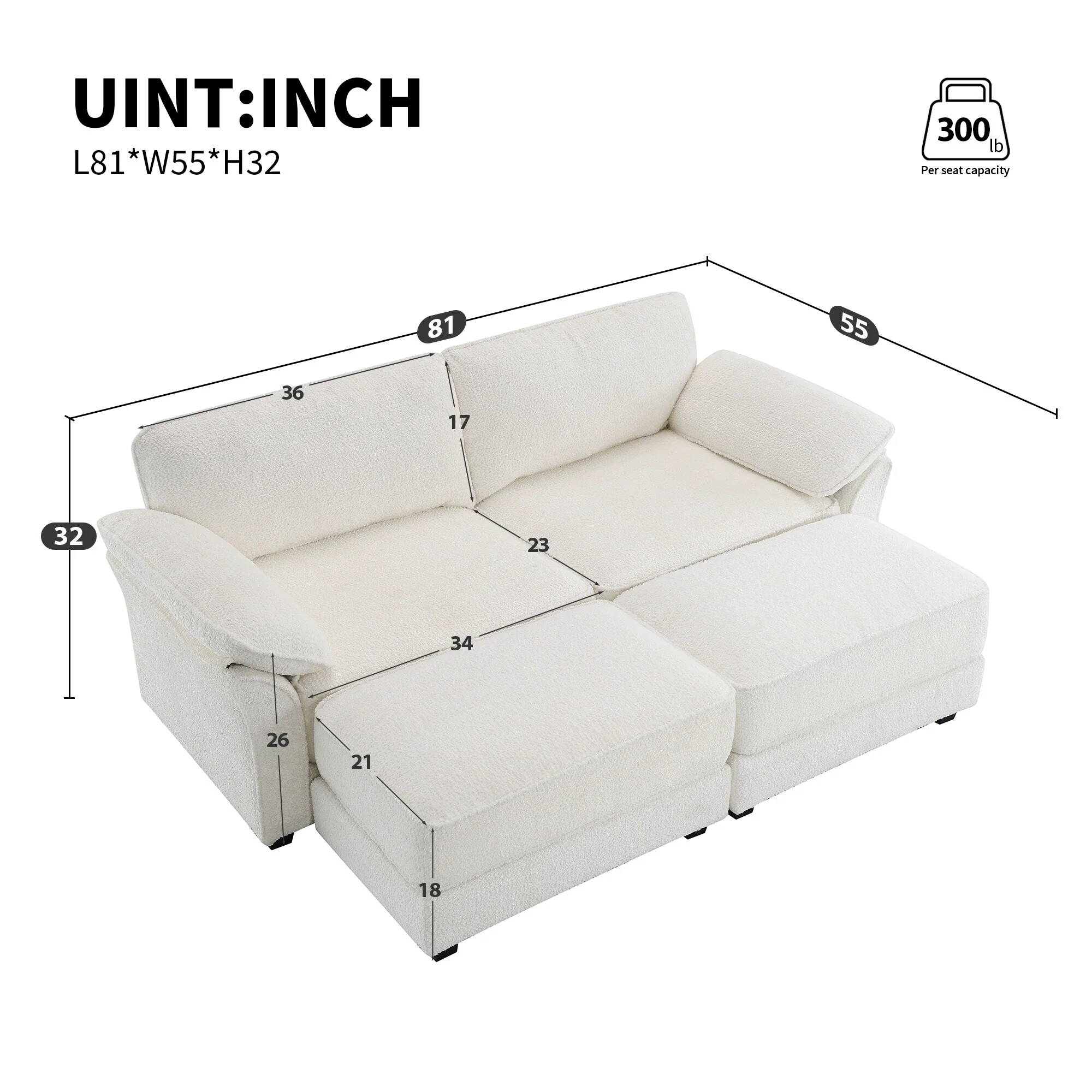 White 81'' Convertible 4-Seat Modular Sectional Sofa with Loveseat and Ottoman, Versatile Design for Living Room or Office