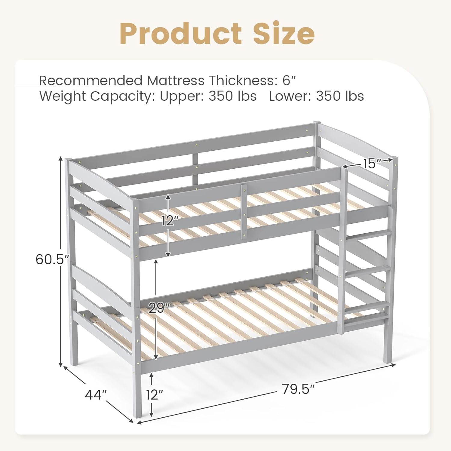 KOMFOTT Bunk Bed Twin Over Twin, Bed Frame w/Full-Length Guardrail & Integrated Ladder, Wood Bunk Bed for Small Space, Converts to 2 Individual Beds for Kids & Adults, No Box Spring Needed