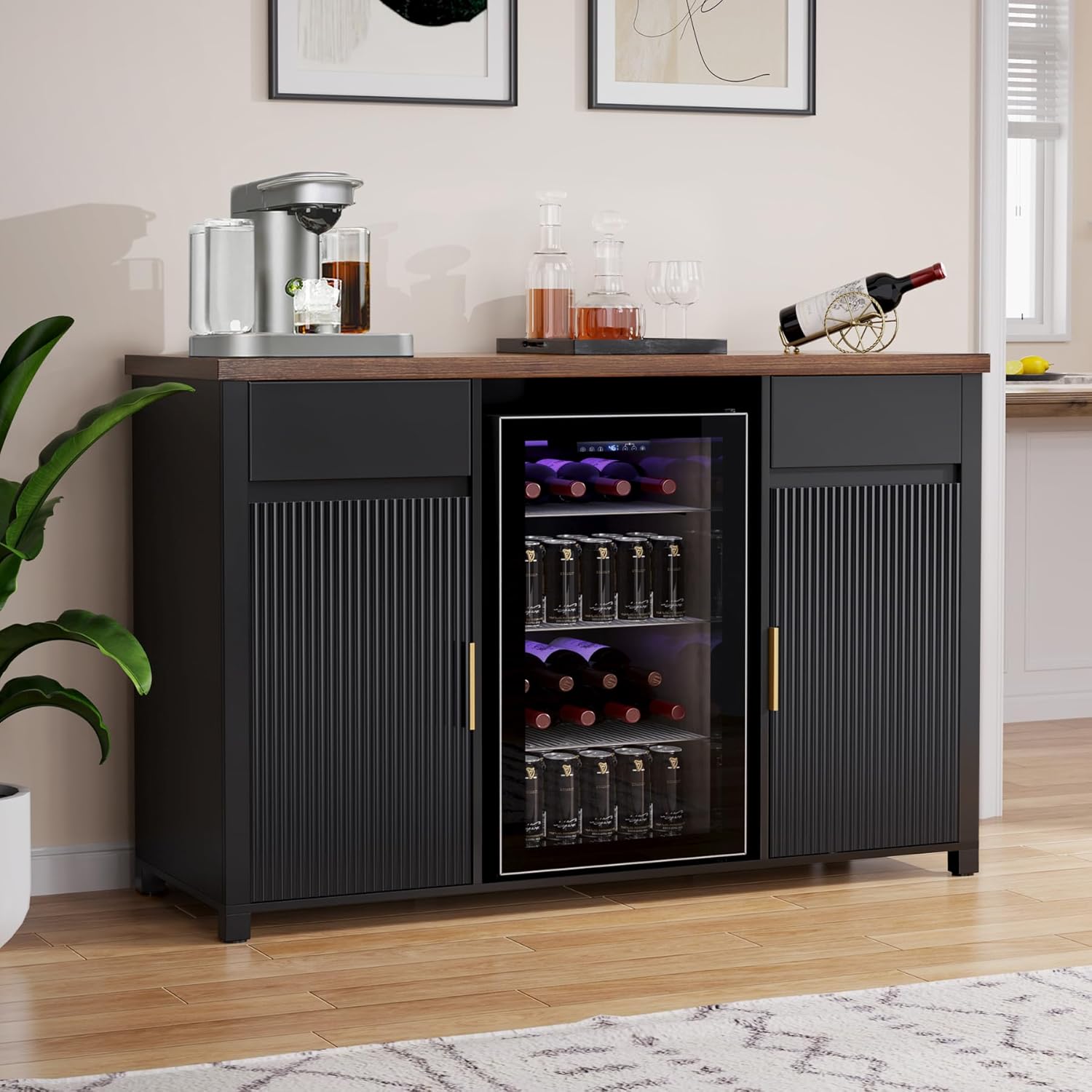 GDLF Large Coffee Bar Cabinet with Fridge Space, Mini Fridge Cabinet with Wine Storage, Buffet Sideboard Table for Home, Fluted Modern Design,53.2 L