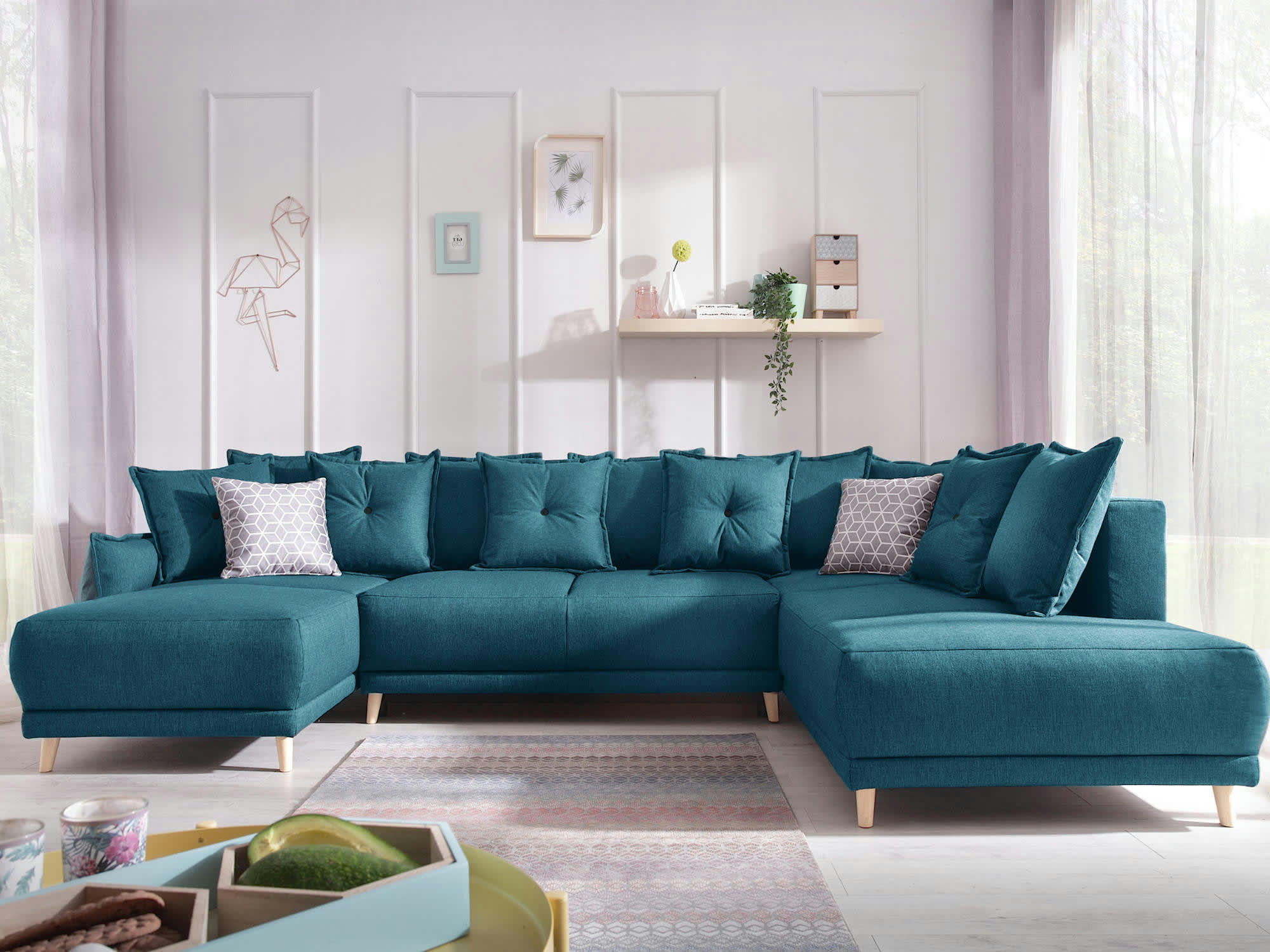 LENA - Canapé panoramique 7 places angle droit en tissu bleu turquoise