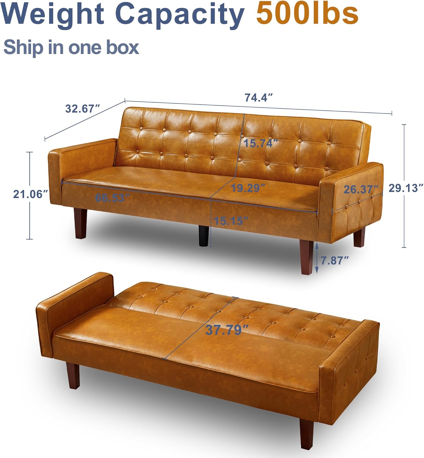 74 Futon Sofa Bed, Mid Century Modern Futon Couch, Small Sofa Cama, Loveseat, Small Couches for Living Room, Office(Faux Leather, Brown)