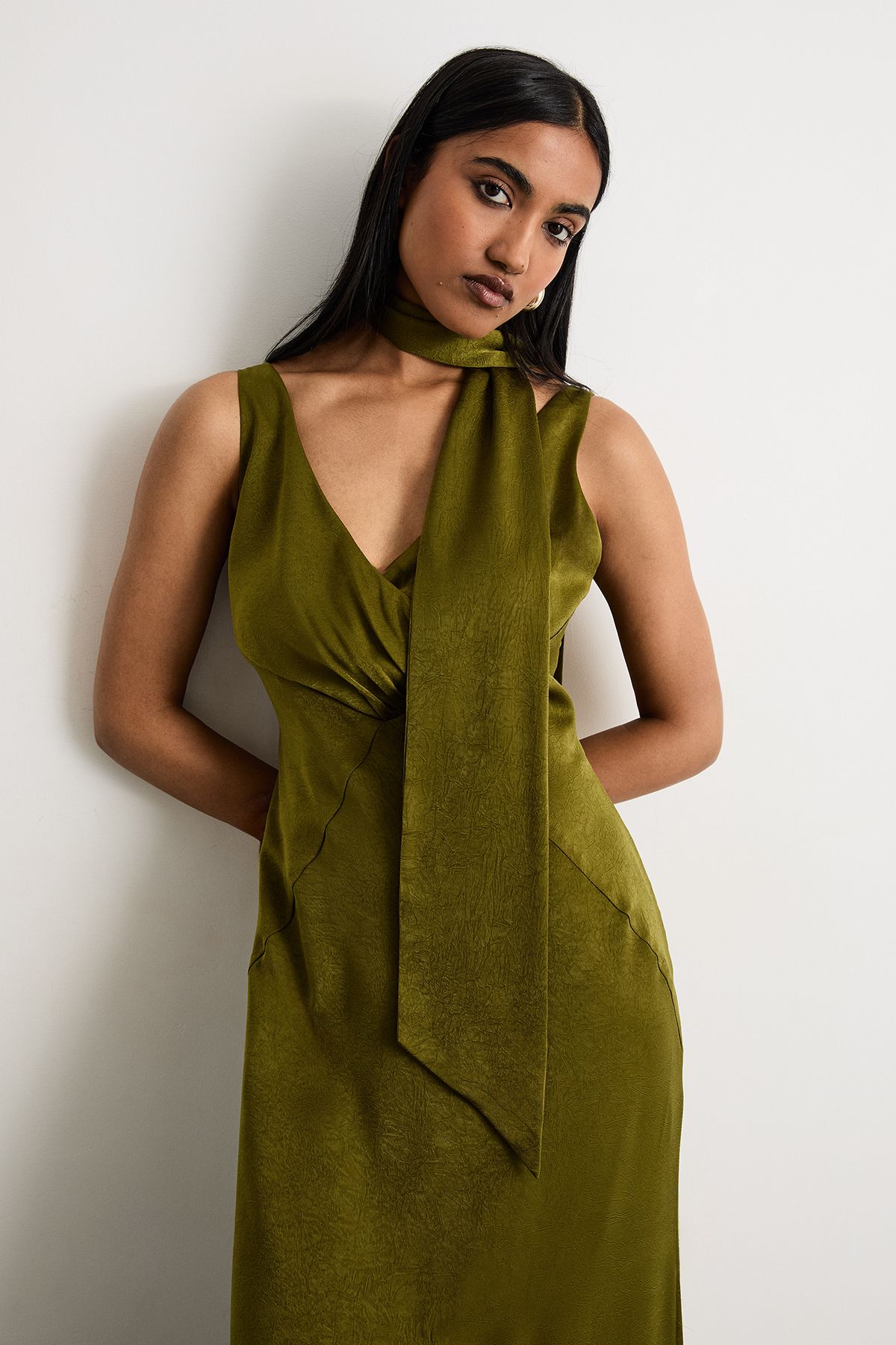 Warehouse Plain Scarf Detail Tie Neck Maxi Dress