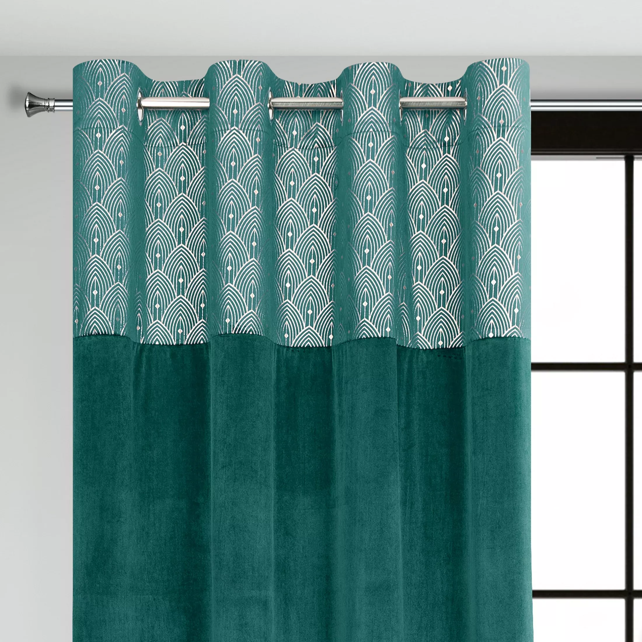 Zasłona turkusowa z aplikacją z błyszczącego welwetu 140x250 cm przelotka - AGNES - Design 91