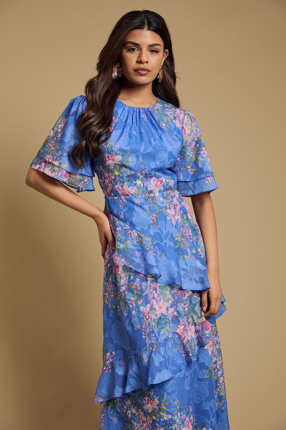 Oasis Petite Double Frill Satin Burnout Midi Dress