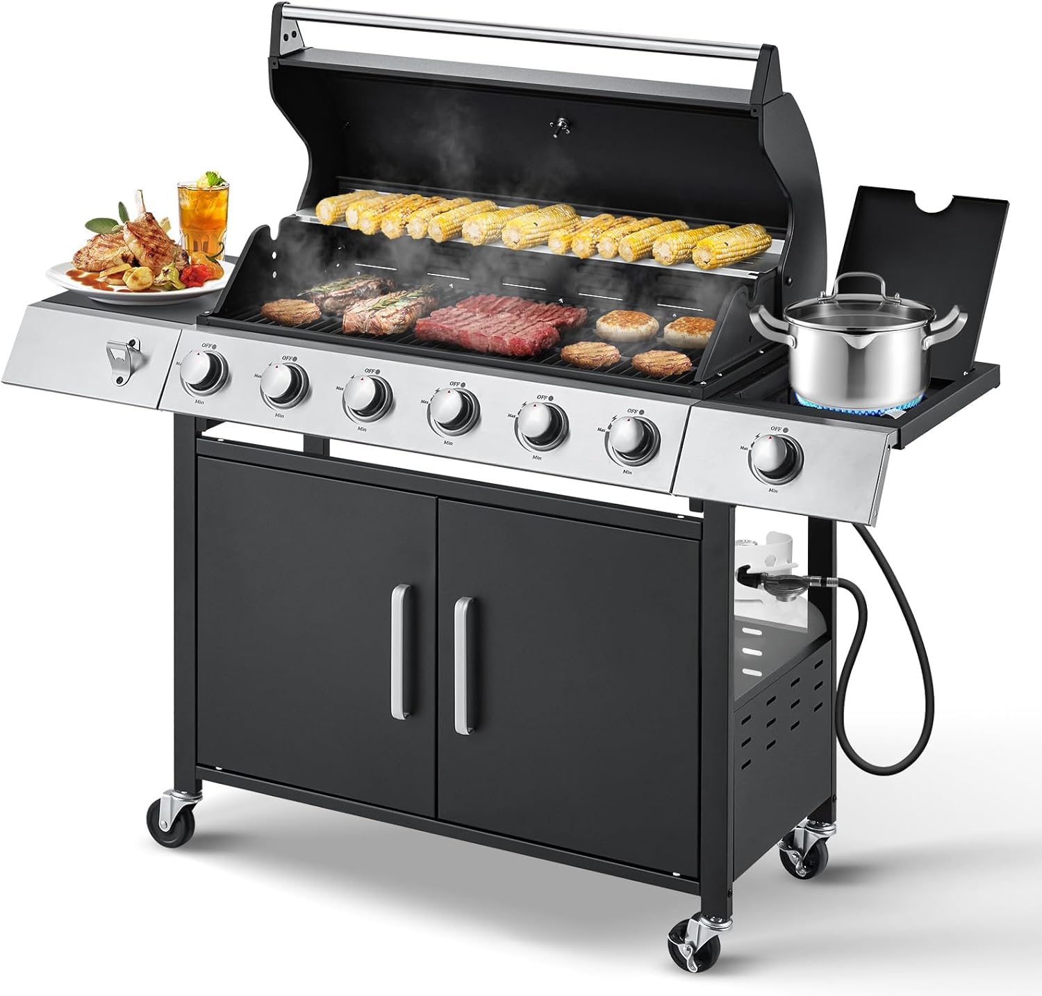 MELLCOM Upgraded 60 000 BTU Stainless Steel Burner Barbecue Grill  6 Burner BBQ Propane Gas Grill with Side Stove & Cast Iron Grates for Patio  Camping  Outdoor Cooking
