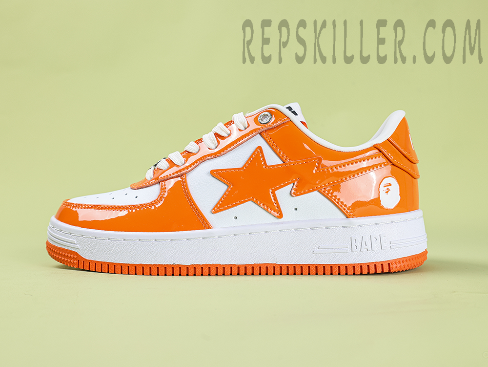 A BATHING APE BapeSta Orange White Patent Leather Low Sneakers