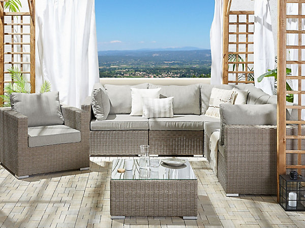 Ensemble de salon de jardin avec table 6 places CONTARE Côté gauche Polyrotin Taupe