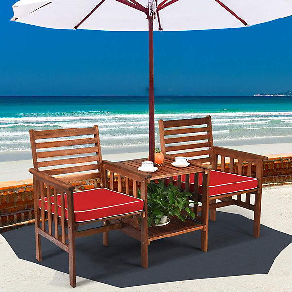 3 pièces salon de jardin 2 personnes en bois d'acacia avec 2 fauteuils et 1 table, avec trou parasol pour salon, balcon (rouge)
