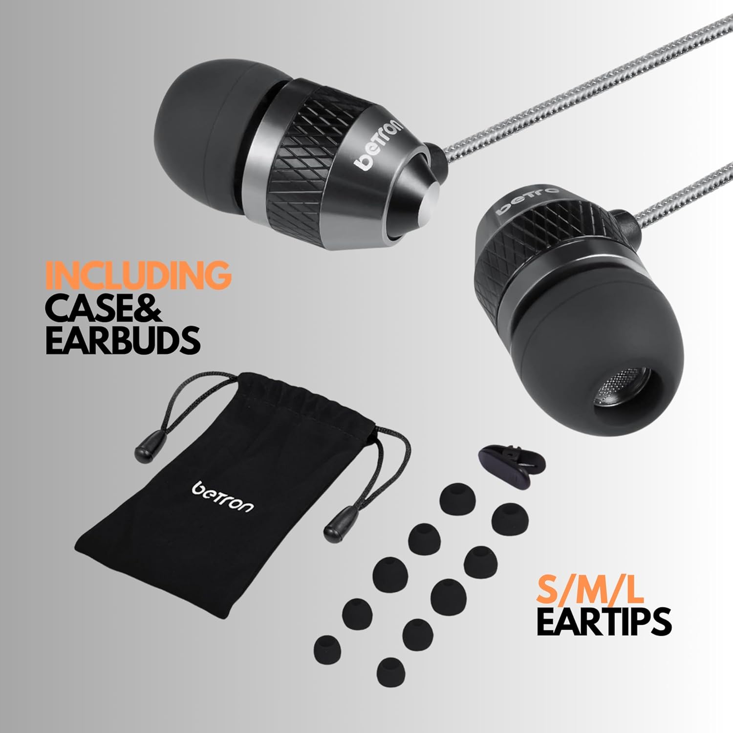 Betron B25 Earphones, Noise Isolating in-Ear Wired Headphones with Strong Bass, Tangle-Free Cord, Lightweight, Carry Case and Soft Earbud Tips, Black