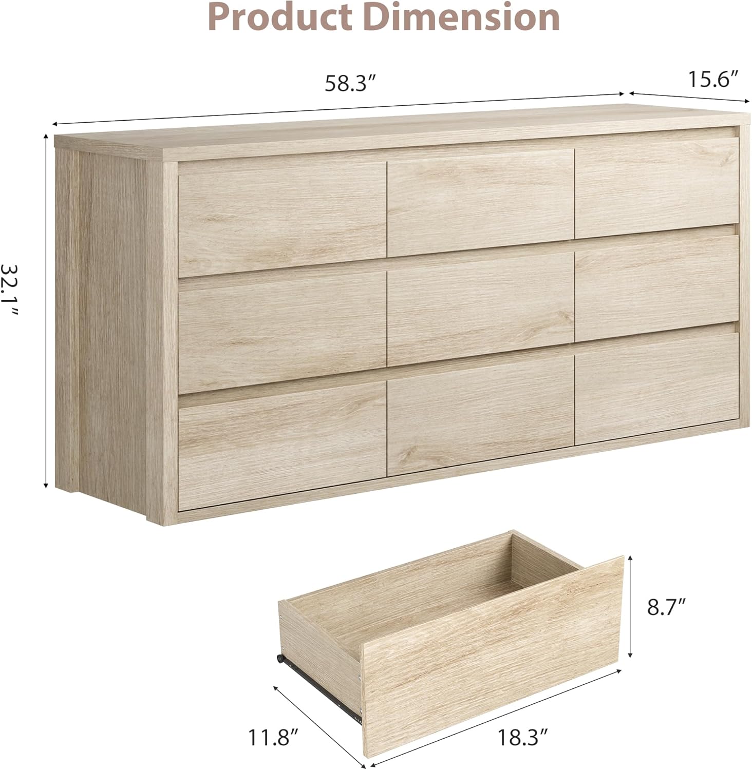 GarveeHome 9 Drawer Dresser for Bedroom, Wide Modern Chest of Drawers, Large Wood Dresser Wooden Storage Organizer for Living Room, Hallway Entryway