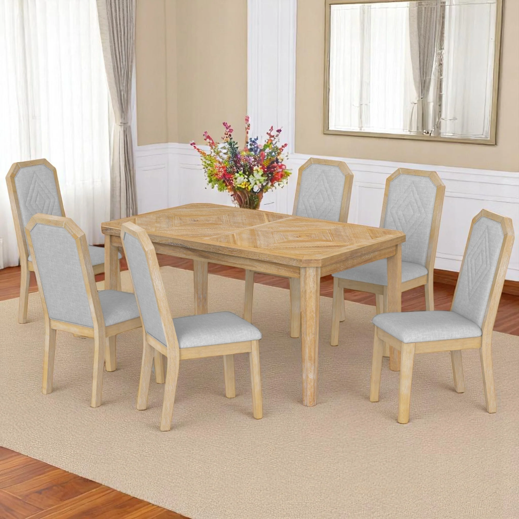 7-Piece Dining Set with Upholstered Chairs, Solid Wood Frame and MDF Table, 6 High-Back Chairs for Dining Room or Kitchen