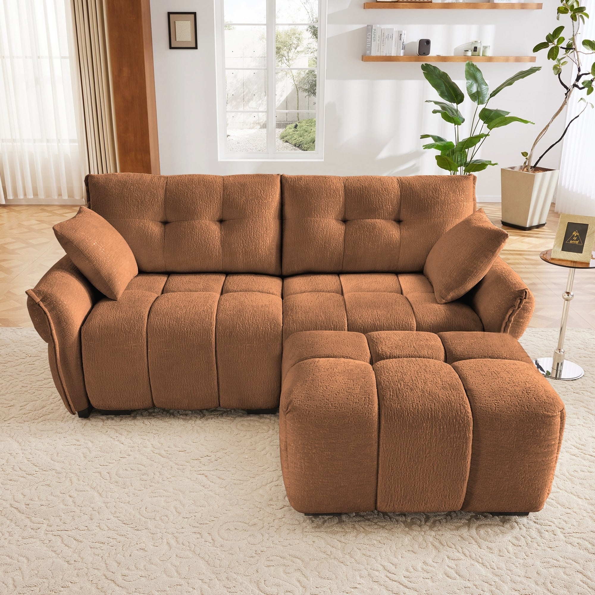 Modern Chenille Fabric 2-Seater Sofa with Ottoman