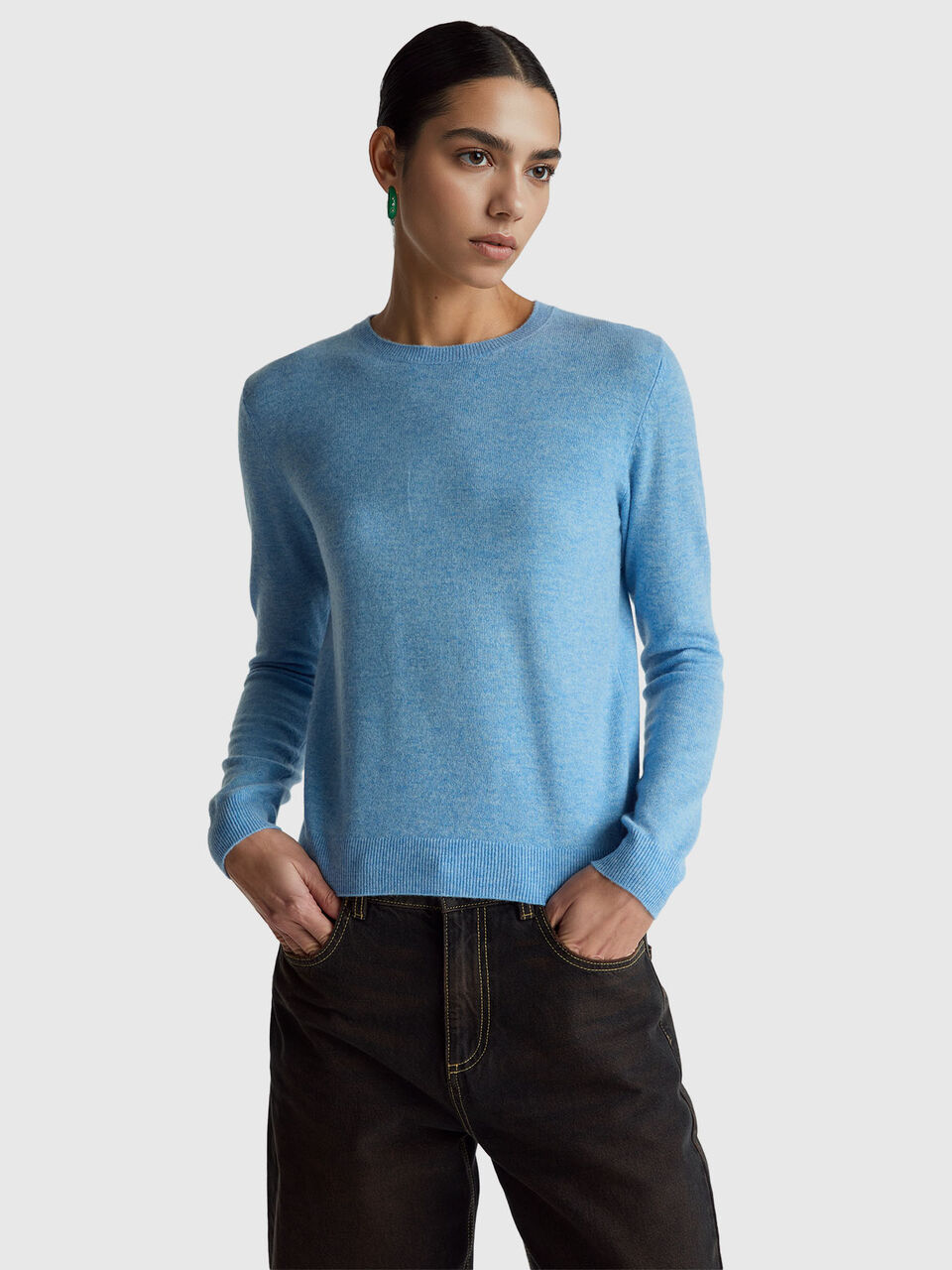 Light blue crew neck sweater in Merino wool