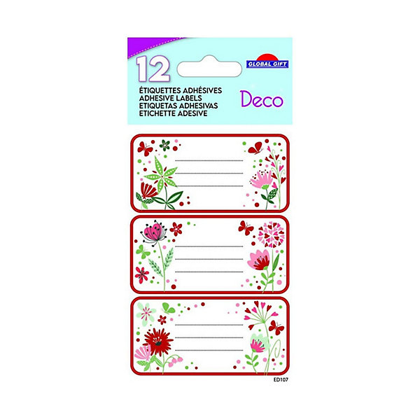 12 étiquettes adhésives scolaires - Rectangle - Fleurs et coeurs - Paillettes