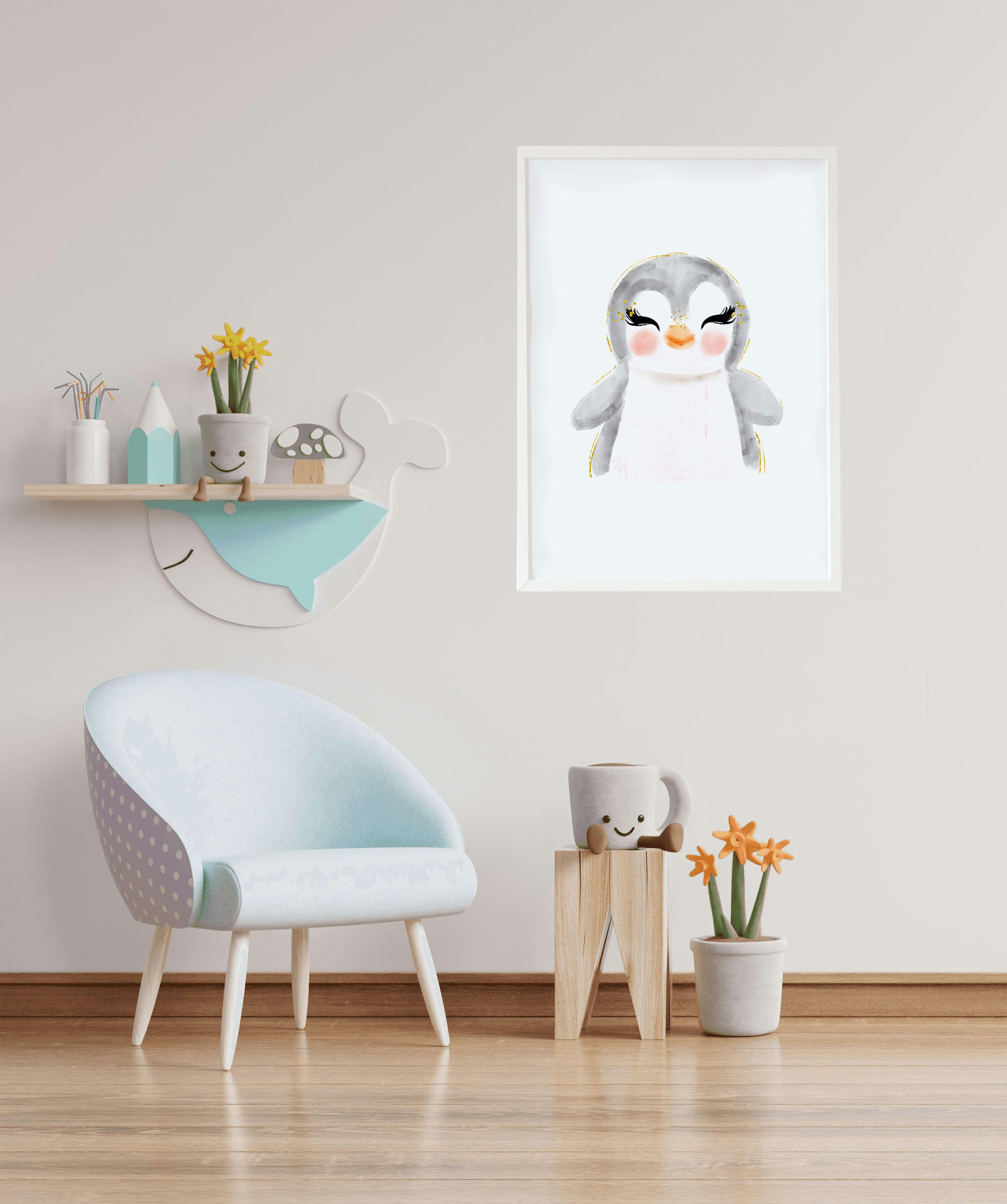 DECOWALL - Impression de pingouin encadrée en bois blanc 43X33 cm
