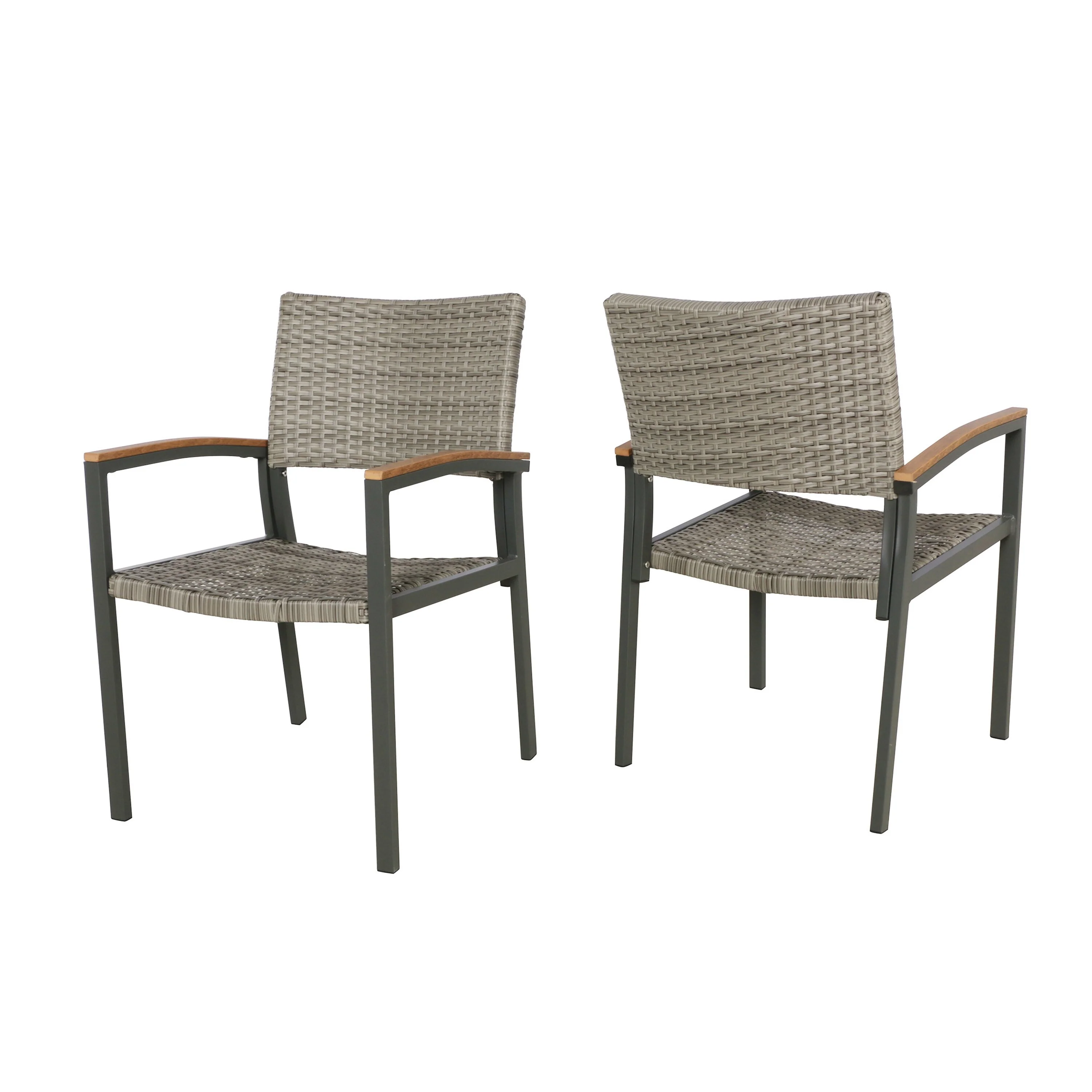 Roomfitters Outdoor Wicker Chairs with Metal Frame and Wood Armrests, Stackable Design, Set of 2, Grey