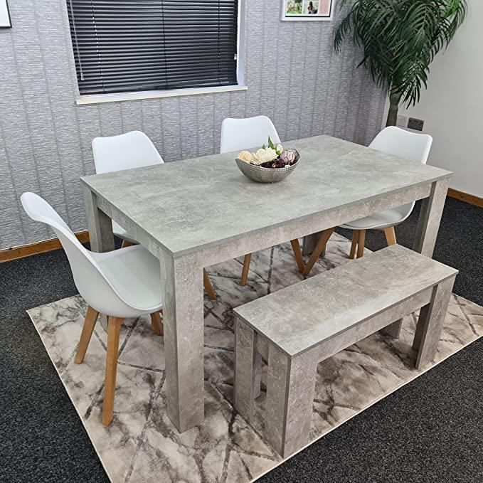 KOSY KOALA Stone Grey Effect Wood Dining Table Set with Bench and 4 White Plastic Chairs Modern Dining Room Furniture