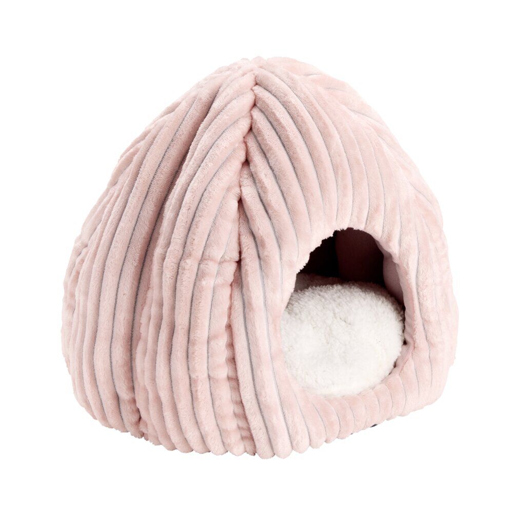 Couchage animal niche avec coussin tissu velours côtelé rose 40x40xH36cm