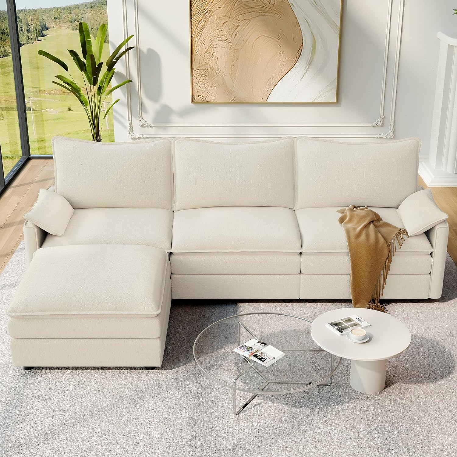 Vesgantti 108 Modular Sectional Sofa, Comfy Cloud Couch with Movable Ottoman Deep Seat Chenille L Shaped Modular Sofa, Sectional Couches for Living Room, Bedroom and Apartment, Beige