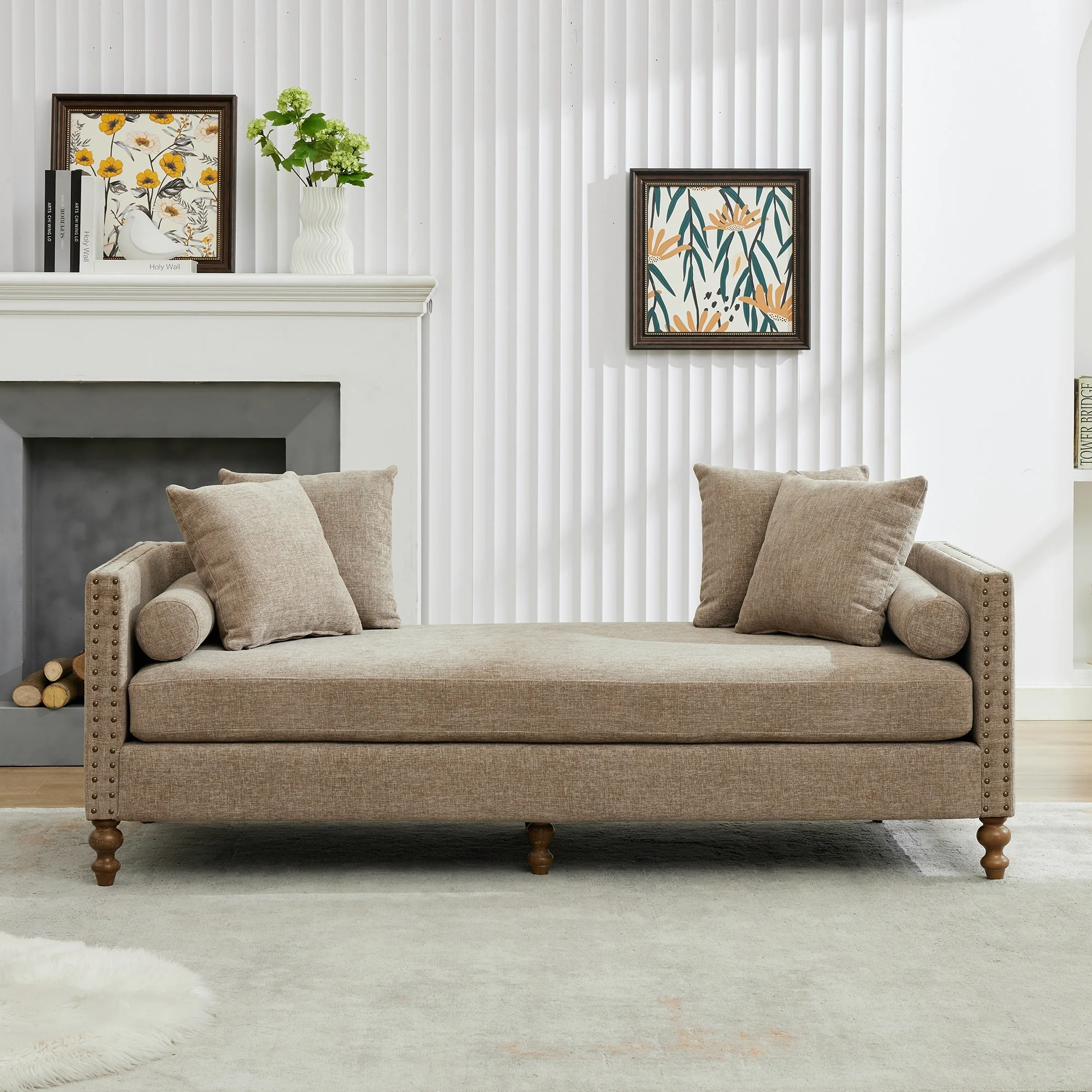 75.2Wide Upholstered Chaise Lounge with Nailheads, Sleeper Sofa Couch With 4 Throw Pillows & 2 Bolsters, Rubberwood Legs