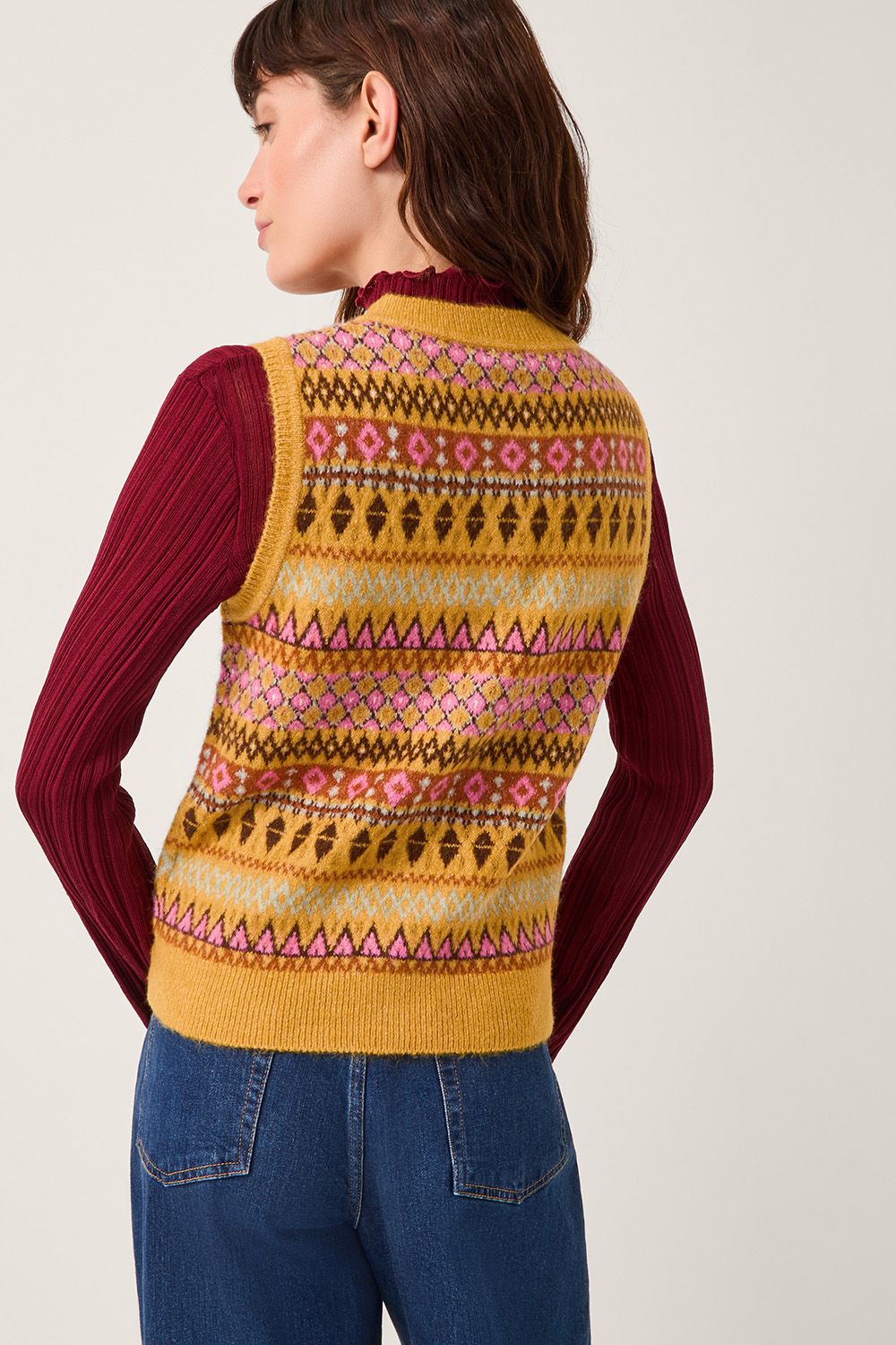 Monsoon Fleur Fair Isle Button Knitted Vest Yellow
