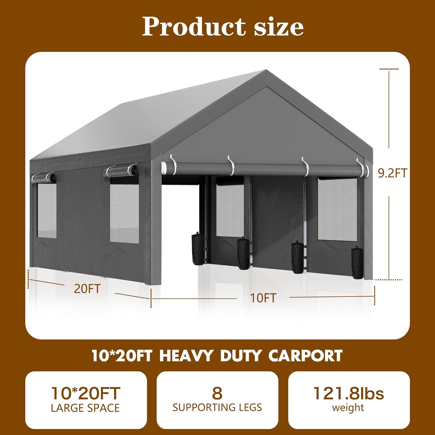 Nuturelly 12x20 FT Carport, Heavy Duty Carport Canopy with Roll-up Windows, Portable Garage with Removable Sidewalls & Doors, Car Canopy with All-Season PE Tarp for Car, Truck, Boat,Gray