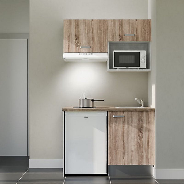 Kitchenette K02 - 120 cm - Façades : Bois - Plan de travail : Bois - Crédences : Non - Evier Inox