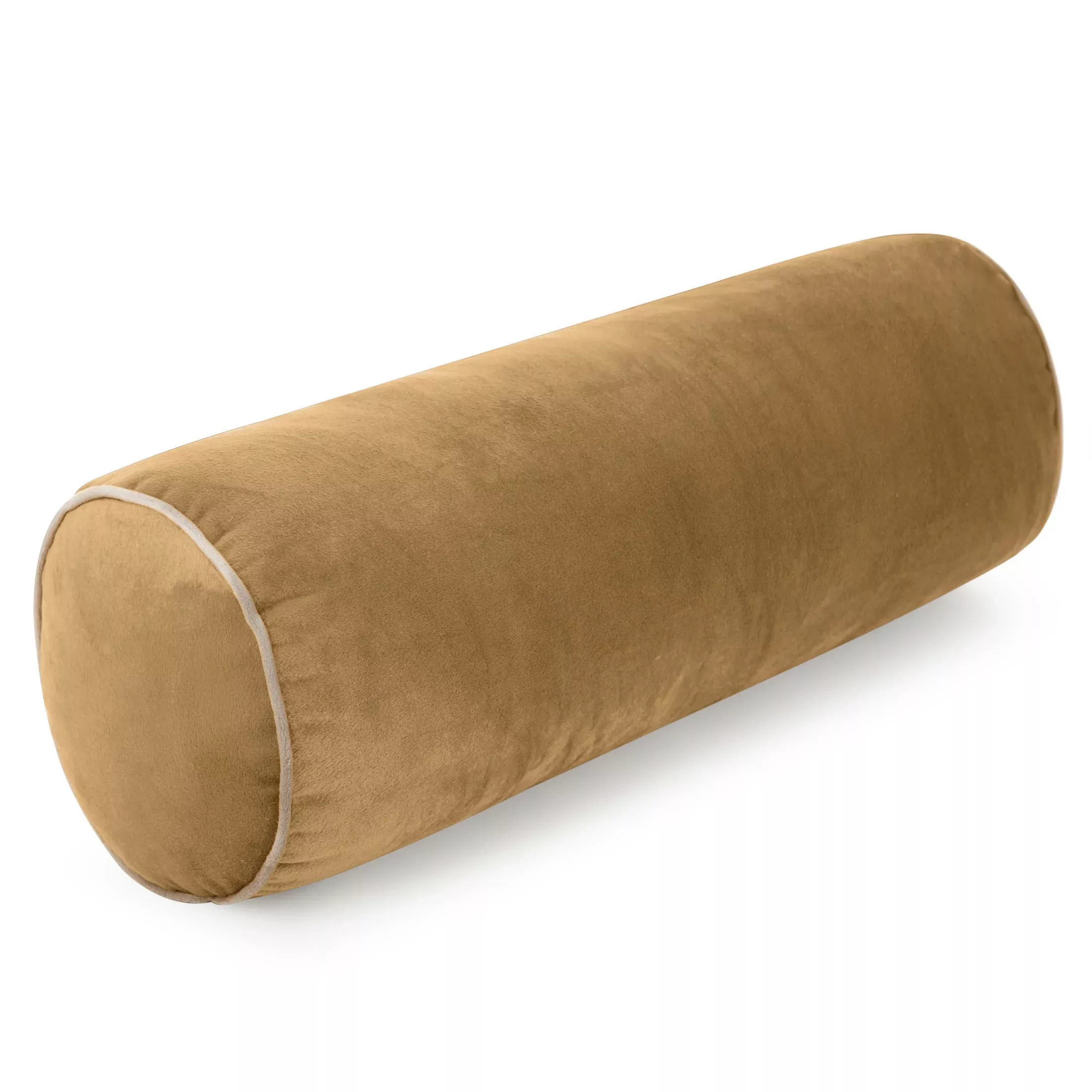 Poduszka dekoracyjna wałek 15 x 45 cm welwetowa miodowa zdobiony kontrastującą lamówką GAJA