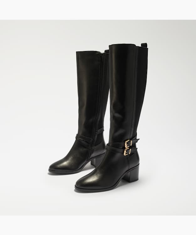 Tabbi Black - Leather Buckle-Detail Knee-High Boots
