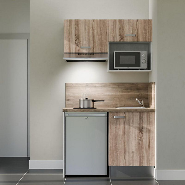 Kitchenette K02 façades Bois - Plan de travail Bois - Crédences : Oui - Evier inox - Electroménager Inox inclus