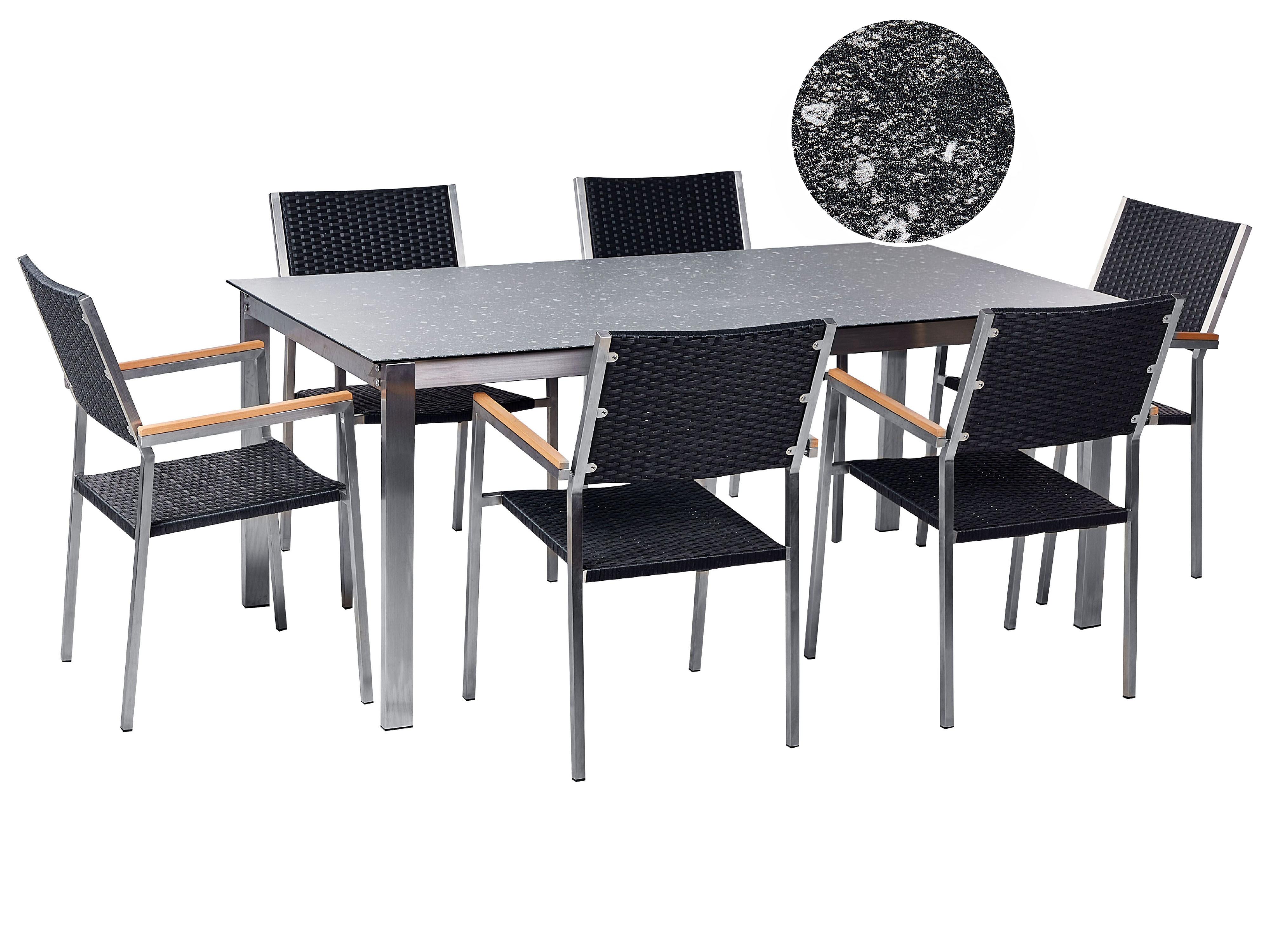 Garden Dining Set 6 Seater COSOLETO/GROSSETO Tempered Glass Granite Effect Black