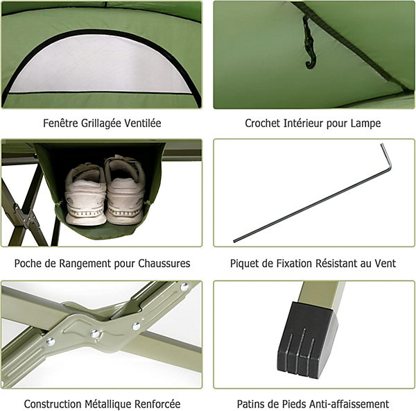 Lit de Camping avec Auvent de Pluie Tente Exterieure pour 1/2 Personne Charge Maximale 150KG (2 Places, Vert)