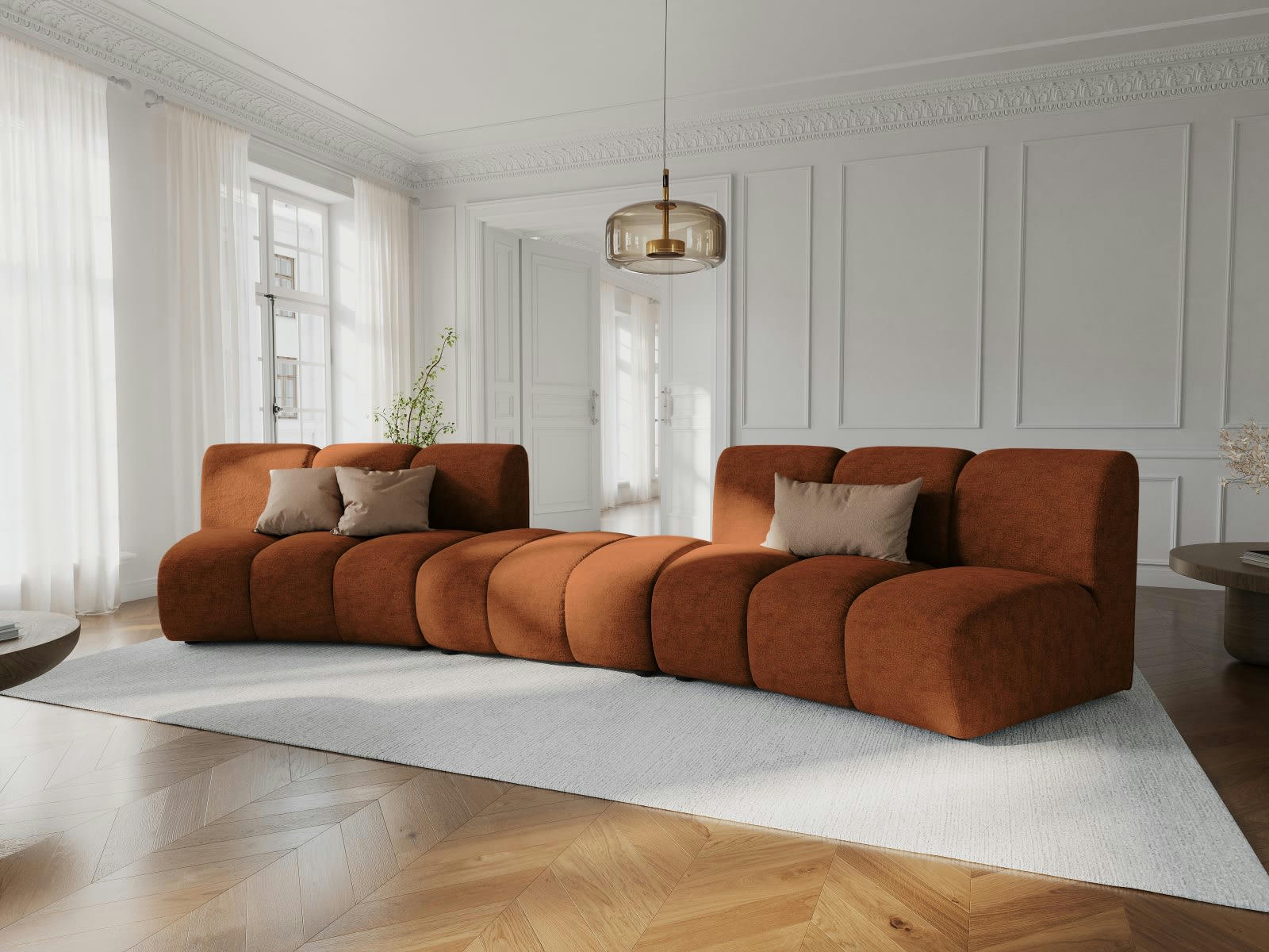 LUPINE - Canapé arrondi 5 places en tissu chenille cuivre