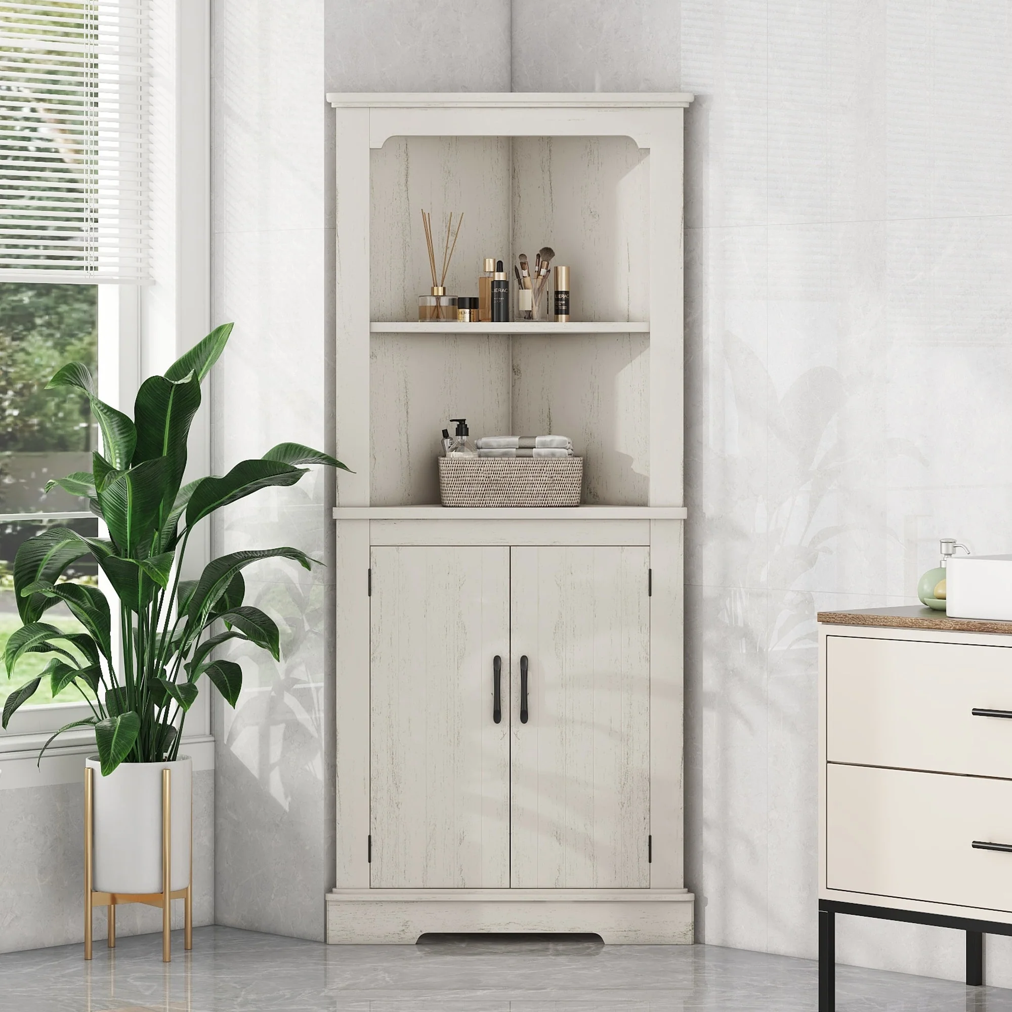 Tall Corner Cabinet With Doors For Living Room, Bathroom, Dining Room Or Kitchen