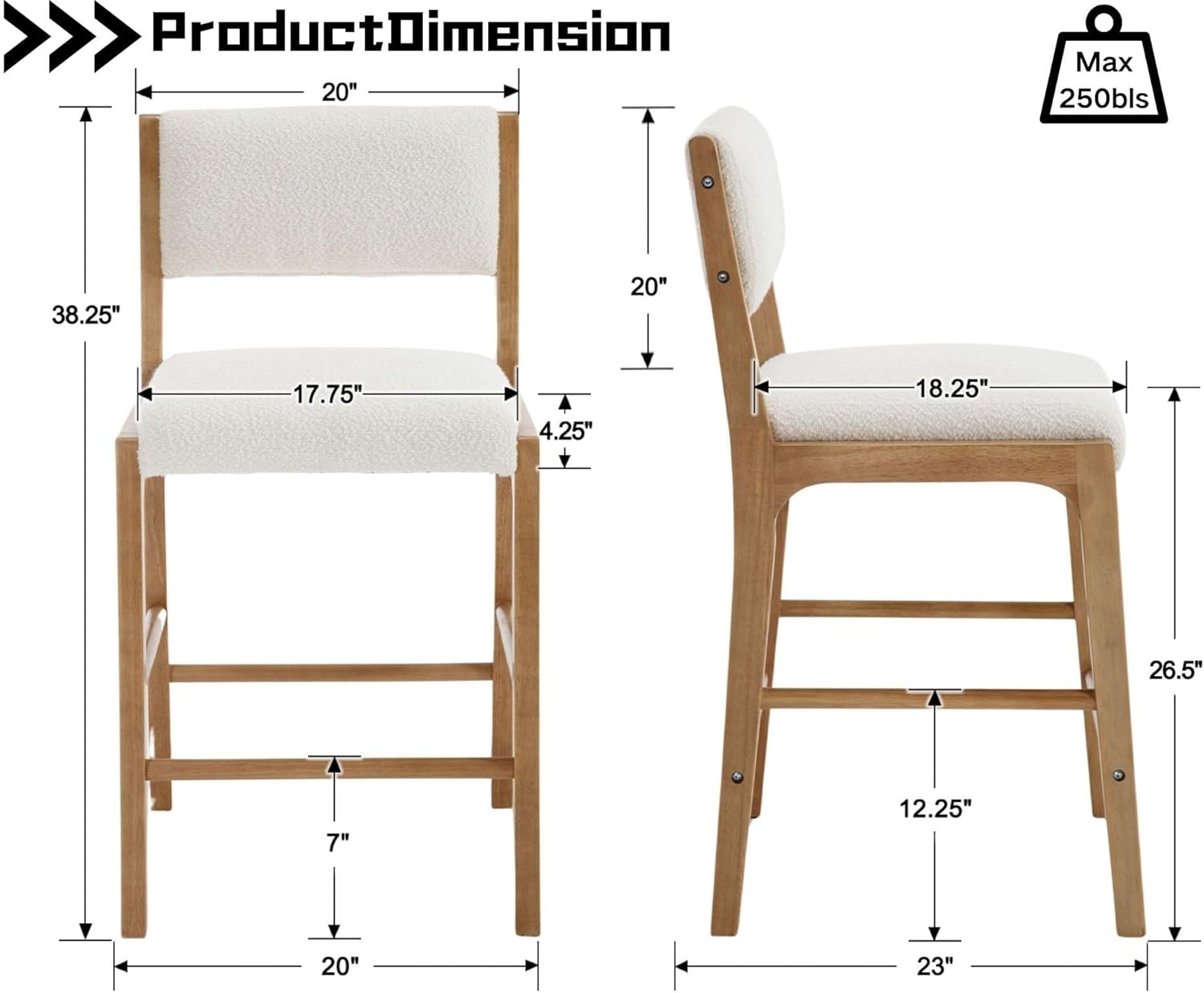 HNY 26.5’’ Modern Counter Stools with Backs Counter Height Barstools Set of 2, White Sherpa Boucle Upholstered Bar Height Chairs with Wood Frame Wooden Island Stools for Kitchen Counter/Pub