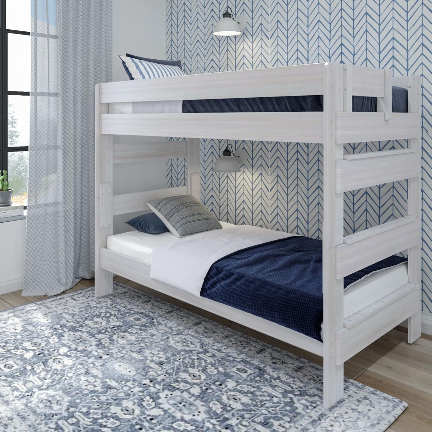 Plank+Beam Rustic Wood Bunk Bed, Solid Wood Twin-Over-Twin Bed Frame, Heavy-Duty Bunk Bed for Adults, No Box Spring Needed, White Wash