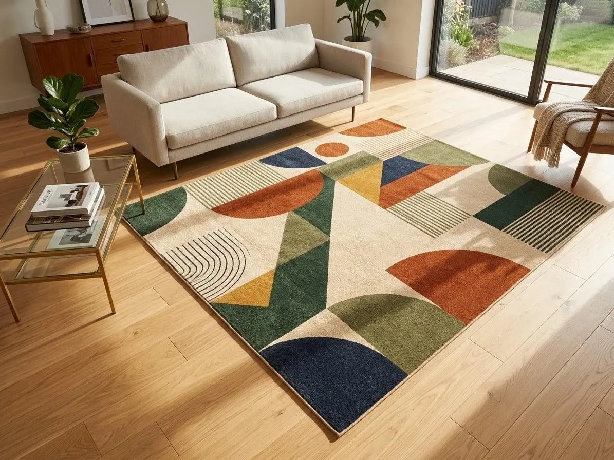 Modern Abstract Geometric Area Rug, Mid Century Boho Rug, Colorful Living Room Rug, Contemporary Handmade Carpet, Retro Home Decor