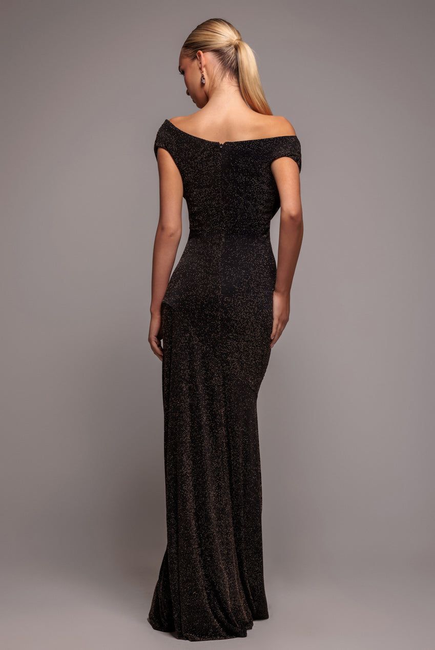 Goddiva Sparkle Lurex Cowl Neck Off The Shoulder Maxi Dress