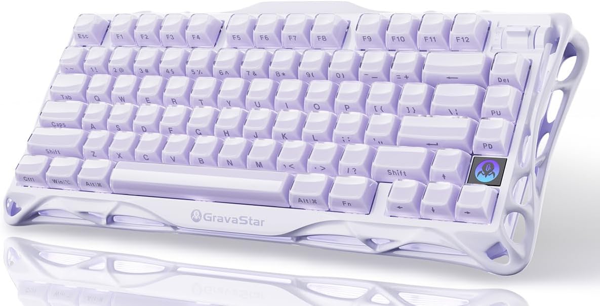 GravaStar Mercury K1 Purple 75% Wireless Mechanical Keyboard – Tri-Mode BT5.0/2.4GHz/USB-C Gaming Keyboard, Jelly Keycaps, Linear Switches, RGB Backlit Creamy Keyboard for PC/Mac, Cute & Stylish